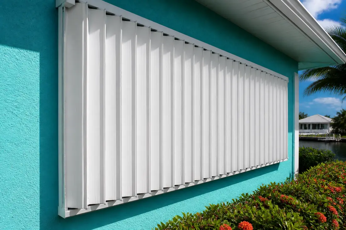An accordion shutter drawn closed across a window