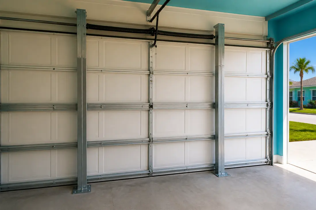 Vertical bracing posts fitted across the inside of a garage door