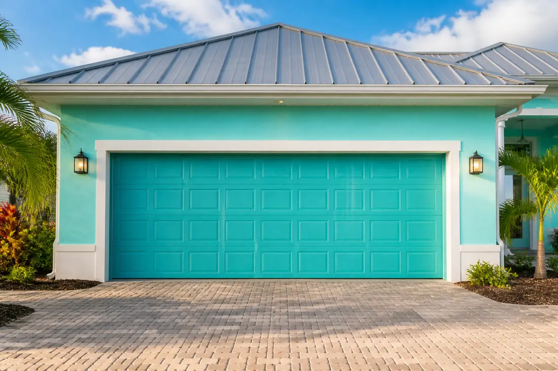A wide double garage door on a single-story Florida house