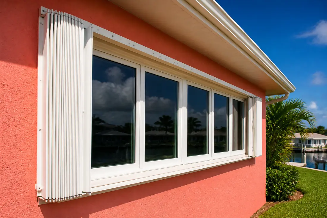 White accordion shutter tracks anchored along the header of a coral pink Cape Coral house